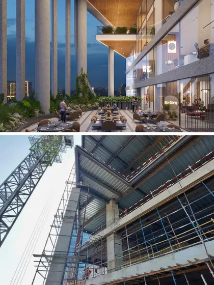 A comparison of the rendered terrace of the Narmada project and the actual construction progress. This shows how the concept of open, landscaped terraces is being built into the structure to provide tranquil breakout spaces.