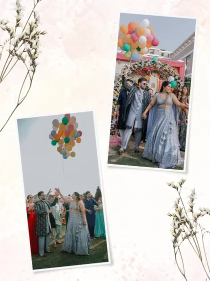 A fun and festive collage from a Mehendi ceremony, showing the couple's grand entrance and the joyful release of colorful balloons.