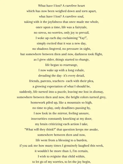A raw and honest poem from a 13-year-old participant in the 'Unearth' program. She gives voice to the pressures and insecurities of growing up, demonstrating how writing can be a vital tool for emotional release and self-awareness.