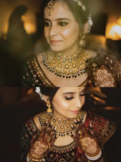 A collage of the bride's portraits, showcasing her elegant jewelry and the intricate details of her mehendi. These shots highlight the beauty and grace of the traditional bridal look.