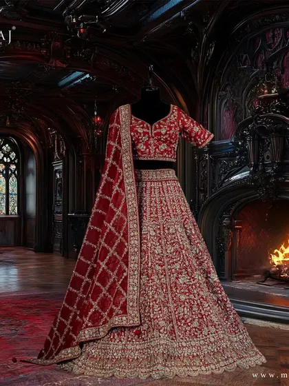 A full view of the scarlet red bridal lehenga, set against a grand backdrop. The scalloped border and pearl embellishments add a touch of timeless elegance.