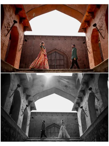 A dramatic pre-wedding shot of the couple on the steps of a stepwell, presented in both color and black and white for artistic effect.