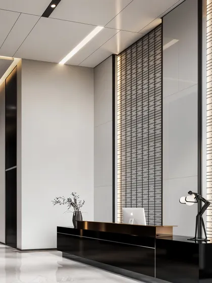 The hotel reception desk, visualized as a sleek, black monolith, creating a powerful first impression.