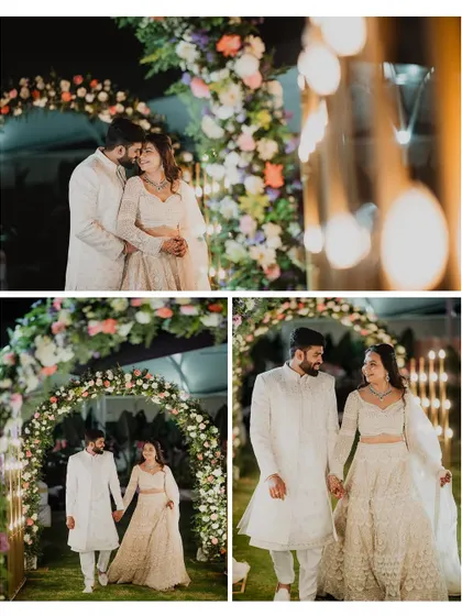 A collage of Adarsh and Premika walking hand-in-hand through a beautifully lit floral archway at their reception.