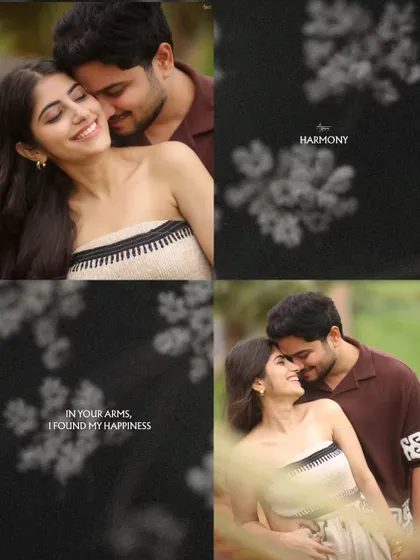 A collage titled 'Harmony', showing Deepak and Aishwarya's affectionate moments. The text 'In your arms, I found my happiness' perfectly complements the images of their loving embraces.