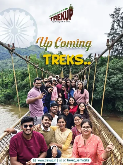 A happy group posing on a suspension bridge. This is the vibe of our upcoming treks, full of smiles and camaraderie.