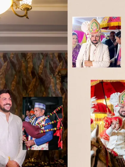 A collage celebrating the "men of the moment," from the groom to the traditional musicians and the youngest members of the family.