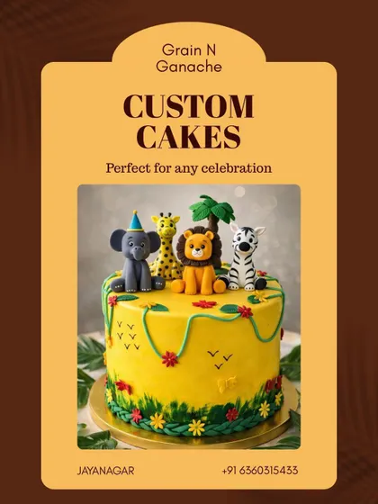 Jungle animals sit on a yellow cake in our custom-cake catalogue design, with leaves and animal details around the sides.