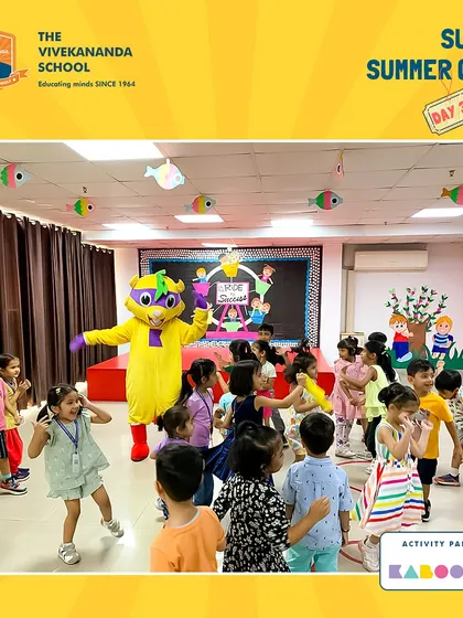 The dance party continues! Our mascot shows off some moves, encouraging all the kids at the summer camp to join in and express themselves.