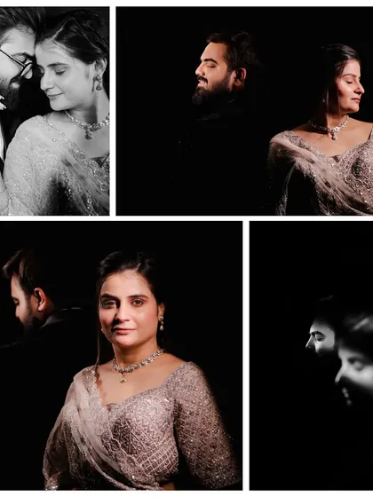 This collage showcases our creative approach to couple portraits. Using dramatic shadows and black and white tones, we create a series of artistic and emotive images that stand out.