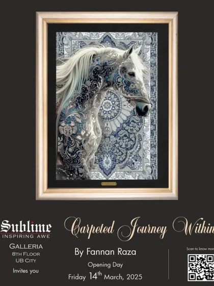 The invitation for 'Carpeted Journey Within' by Fannan Raza, featuring a stunning artwork of a horse with intricate carpet-like patterns. This show blends traditional motifs with contemporary art.