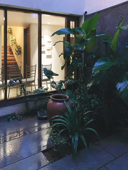 The lush plants of the courtyard are silhouetted against the lit interior, blurring the boundary between garden and home.