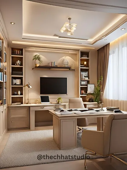 This luxurious home office is designed for both productivity and relaxation. The serene beige theme, custom desk with library cabinets, and comfortable seating create a sophisticated and calming atmosphere, with ample sunlight filtering through the curtains.