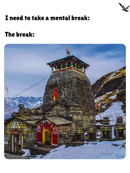 Another version of the perfect mental break: the Tungnath temple covered in snow, standing tall against the mighty Himalayas.