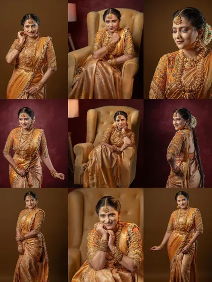 A collage of the bride in her stunning gold saree, showcasing her from various angles in a series of elegant portraits.