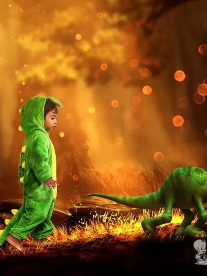 A fun and imaginative photo where a little boy in a dinosaur costume meets a friendly animated dinosaur. This creative edit brings a child's fantasy to life.