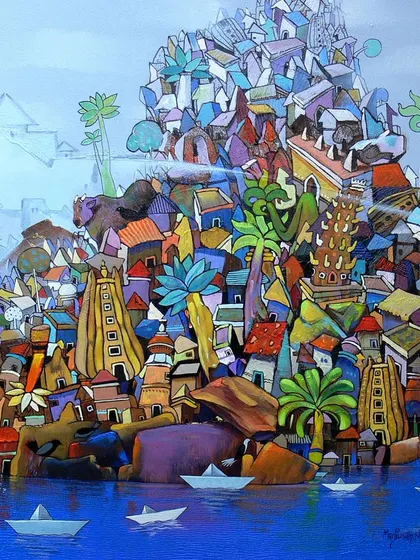 This imaginative cityscape by Wali is a call to preserve our cultural heritage. The artist has created a fantastical island of temples and homes, a vibrant community floating in a sea of blue, urging us to protect these treasures.