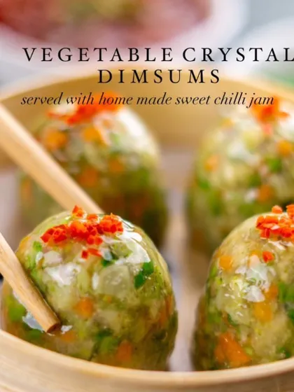 My Vegetable Crystal Dimsums are as beautiful as they are delicious. The translucent wrappers show off the colorful, finely chopped vegetables inside. I serve them with a homemade sweet chili jam for the perfect balance of flavors.