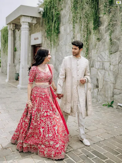 Another beautiful shot of the couple at their engagement. The makeup is perfectly balanced, enhancing Punya's features without overpowering her natural beauty.