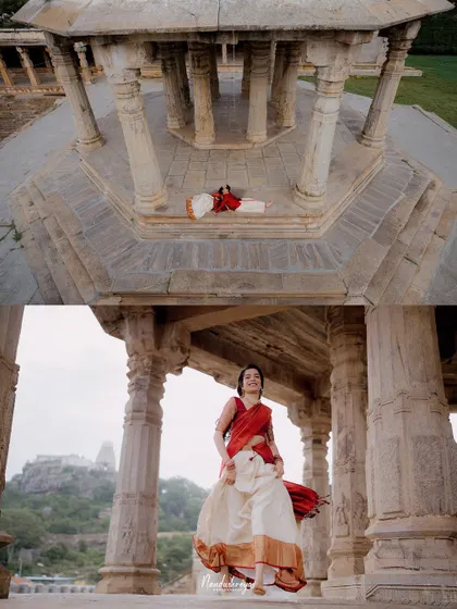 A creative composition showing a drone shot from above and a ground-level shot of the bride, all within the same temple location.