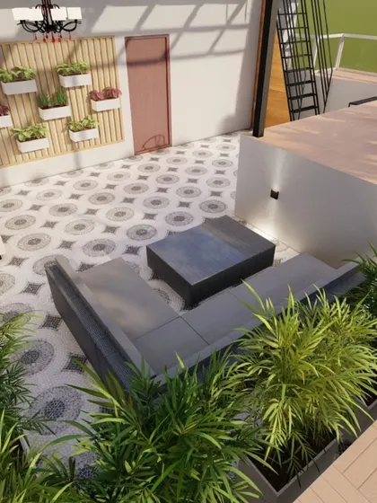 An overhead 3D view of a multi-level terrace design, showing how we plan the layout of seating areas, planters, and vertical gardens to maximize space and create a dynamic environment.