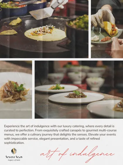 "Art of Indulgence." This collage captures the essence of our luxury catering, from the preparation of tacos at a live station to the final, beautifully plated dishes.