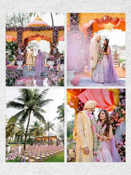 A collage of moments from the Goa beach wedding, from the bride's entrance to the stunning floral decor and the palm-lined aisle.