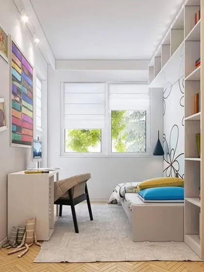 A compact and efficient design for a teenager's room, with a bed, desk, and extensive shelving all neatly arranged in a small space.