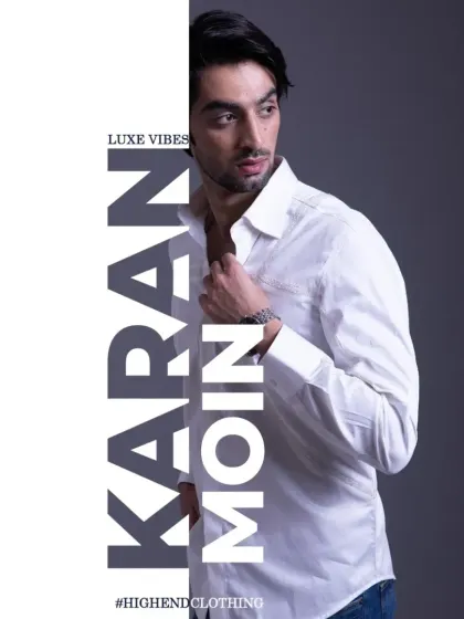 A graphic showcasing the white detailed shirt. It represents high-end clothing with a luxe vibe, perfect for the modern man.