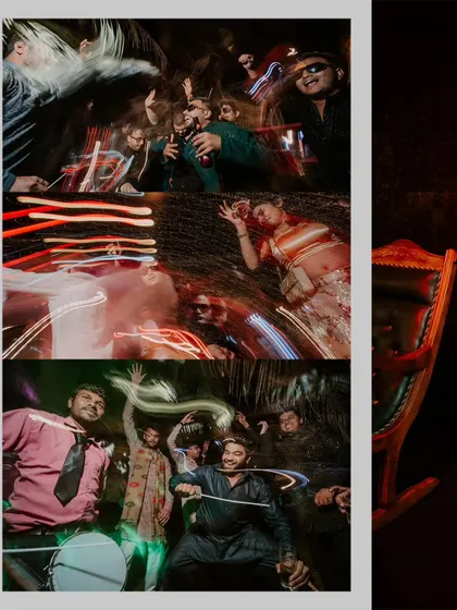 A collage capturing the wild energy of the Sangeet dance floor, using motion blur and light trails to show the fun.