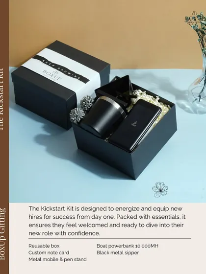 The Kickstart Kit is designed to energize and equip new hires from day one. Packed with essentials like a power bank and a metal sipper, it ensures they feel welcomed and ready to dive in.