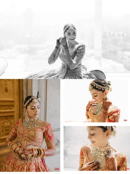 A collection of bridal moments, from getting ready to the final look, showcasing the journey to becoming a bride in a mix of color and monochrome.