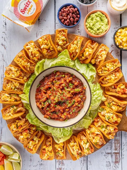 A vibrant taco platter shot for Switz. This image is designed for a party or gathering theme, making the product look like the centerpiece of a fun occasion.
