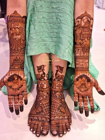 A full bridal set showing heavy figurative work on the hands and coordinated elephant and peacock designs on the feet.