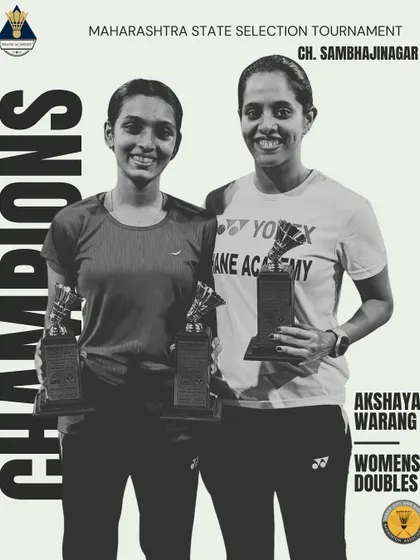 Akshaya Warang and her partner celebrating their Women's Doubles championship at the Maharashtra State Selection Tournament.