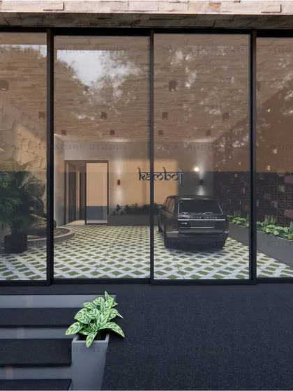 Viewed from the outside through large glass panels, this render shows the entire entrance lobby. The design provides a clear view of the parking area, the Buddha statue, and the custom signage, creating a transparent and inviting feel.