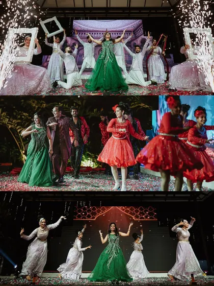 A triptych of spectacular Sangeet performances, featuring group dances, dramatic props, and vibrant costumes.