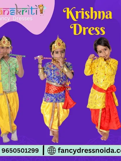 A collection of three different Krishna dresses for boys. Each costume features a unique top design and color combination with the traditional yellow dhoti, offering plenty of choices for your little one.