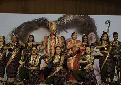 The full cast of our 'Ramayan' production on stage. It took a team of 30 students and professional artists to bring this 50-minute epic to life, and we are so proud of their efforts.