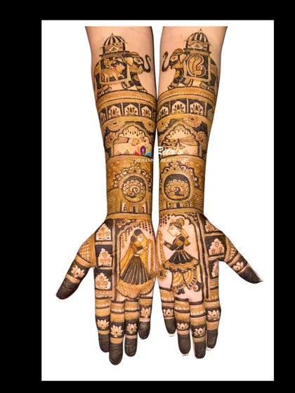 The full view of a royal-themed bridal mehendi. The design includes dancing figures, majestic elephants, and intricate architectural details for a truly grand statement.