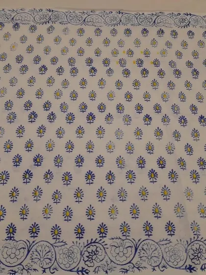 Here is another beautiful piece created by a customer, showcasing a traditional buti print in blue and yellow with an intricate border. Seeing my customers learn and create their own textiles is one of the most fulfilling parts of my work.