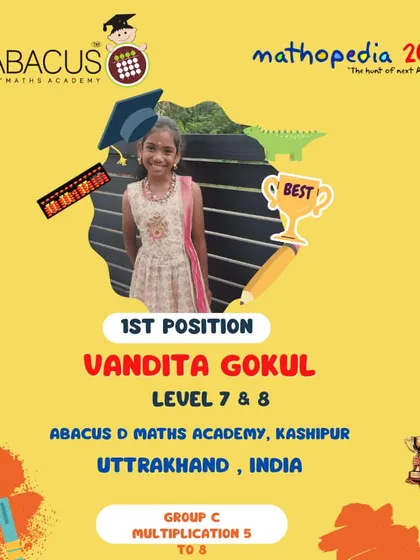 Vandita Gokul from Kashipur, Uttrakhand, a 1st Position winner in the higher-level multiplication group.