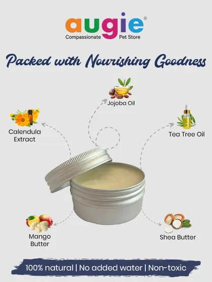 This paw balm is packed with nourishing goodness. It contains Shea Butter, Jojoba Oil, Calendula Extract, Tea Tree Oil, and Mango Butter. It's 100% natural, non-toxic, and contains no added water.