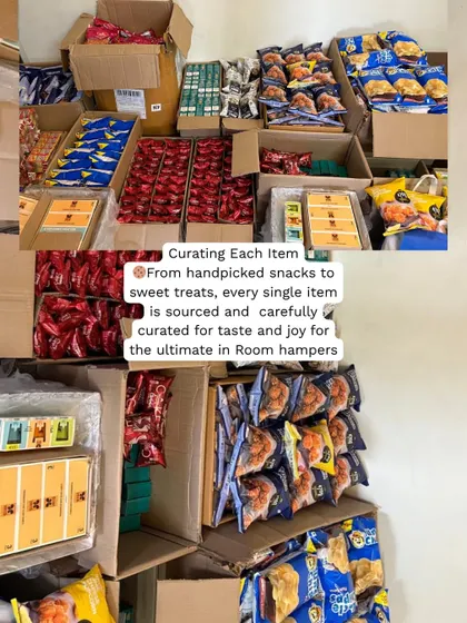 Sourcing and curating each item. For these 200 room hampers, we handpicked a variety of snacks and sweet treats for the ultimate welcome gift.