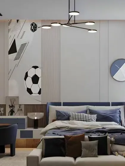 Another angle of the football-themed bedroom, highlighting the sleek, built-in shelving and contemporary design.