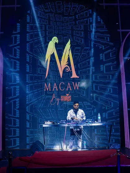 The venue's logo, Macaw by Stories, integrated into my visual set. I can customize the on-screen content to include event or venue branding.