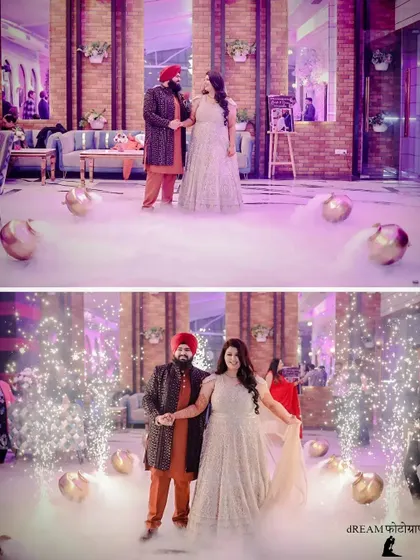 The grand entrance of Harleen and Karan at their ring ceremony, complete with smoke and sparklers.