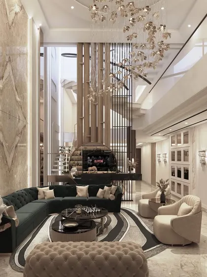 A wide-angle shot of the grand living room, showing the seamless integration of the seating area, staircase, and double-height feature wall. The spiral chandelier adds a final touch of modern elegance.