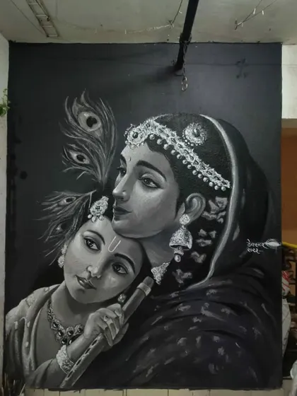 A custom Indian mythological mural I painted, depicting the bond between Yashoda and Krishna. The entire piece is done in monochrome to emphasize the emotion and intricate details of the scene.