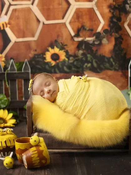 The full honeybee setup, complete with a honeycomb background and sunflower props. I love creating elaborate and memorable scenes for my newborn clients.